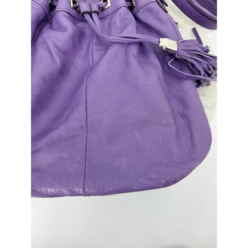 B. Makowsky Purple Leather Tassel Bucket Bag Shoulder Hobo Silver Hardware